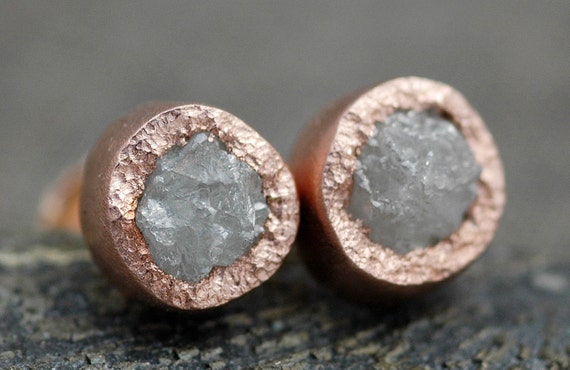 Rough Diamond and 14k Recycled Rose Gold Bezel Post Earrings