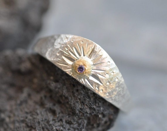 Silver and Gold Purple Sapphire Ring Hammered Engraved Shield Signet Made to Order Handmade