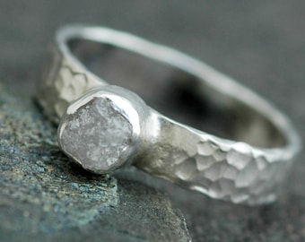 Rough Diamond Ring in Hammered Sterling Silver Handmade