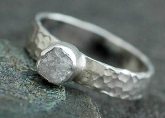 Rough Diamond Ring in Hammered Sterling Silver Handmade
