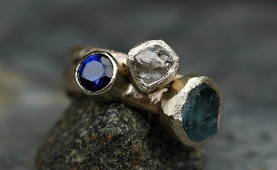 Multistone Recycled 18k Gold Stacking Engagement and Wedding  Ring Set- Rough Diamond, Aquamarine, and Sapphire