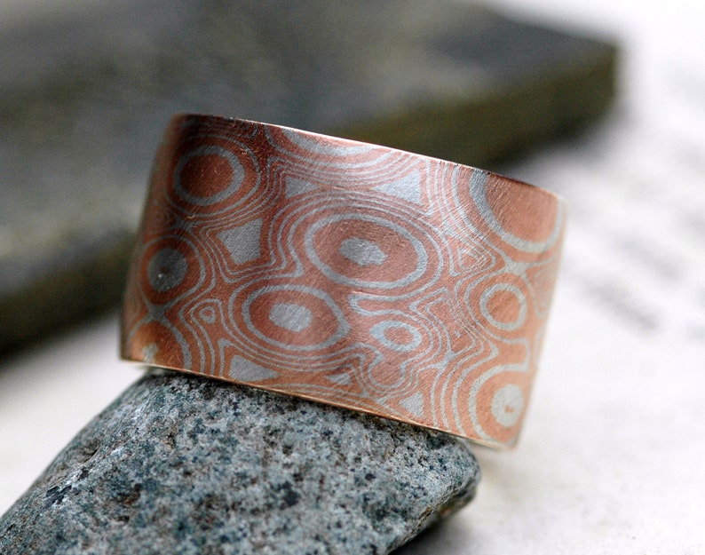 Mokume Gane Wide Band Ring in Argentium Silver and Copper Made to Order Wedding Ring image 2