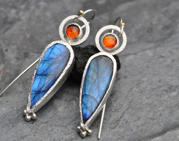 Blue Labradorite Orange Amber Sterling Silver  and Yellow Gold Long Earrings Ready to Ship Handmade