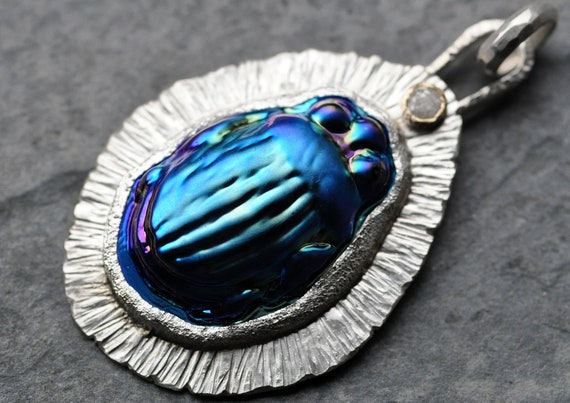 Iridescent Blue Cast Glass Scarab Beetle in Sterling Silver, Yellow Gold, and Diamond Pendant With or Without Paperclip Chain Handmade