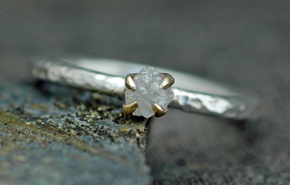 Rough Raw Diamond Stacker Ring in Hammered Sterling Silver with Gold Prong Setting