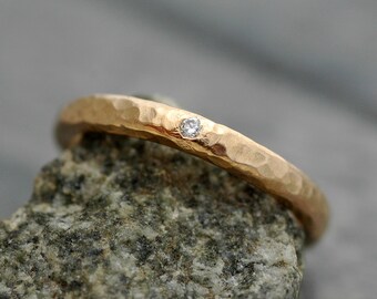 Gold Stacking Ring with Flush Set White Diamond- 14k or 18k Recycled White, Yellow, or Rose Gold