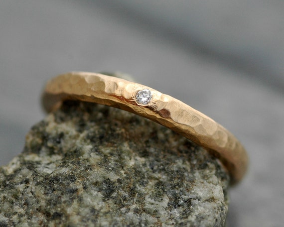 Gold Stacking Ring with Flush Set White Diamond- 14k or 18k Recycled White, Yellow, or Rose Gold Handmade