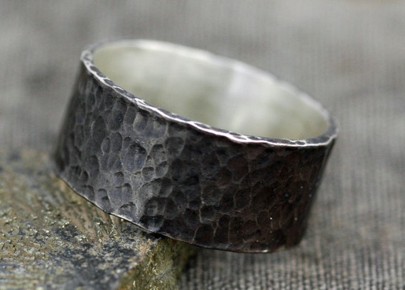 Rustic Oxidized Hammered Sterling Silver Band- Custom 3/8" Wide Dark Wedding Band Handmade