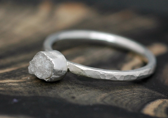 Rough Diamond Stacker Engagement Ring in Hammered Sterling Silver- Made to Order