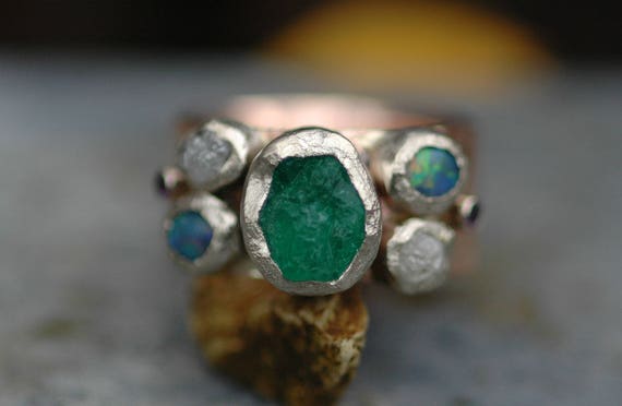 Custom Emerald Black Opal Multistone Ring- Made To Order Handmade