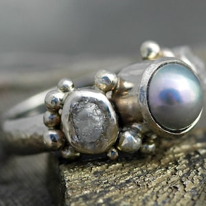 14k or 18k Recycled Gold Ring with Rough Diamonds and Saltwater Pearl- Custom Made
