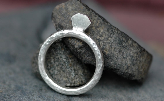 Alternative Diamond Engagement Ring- Thick Hammered Sterling Silver Ring with Silver Diamond- Made to Order