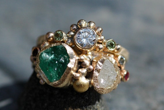 Multistone Raw Emerald, Gemstone, Rough and Cut Diamond Recycled Gold Stacking Ring Set- Two Custom Made Rings