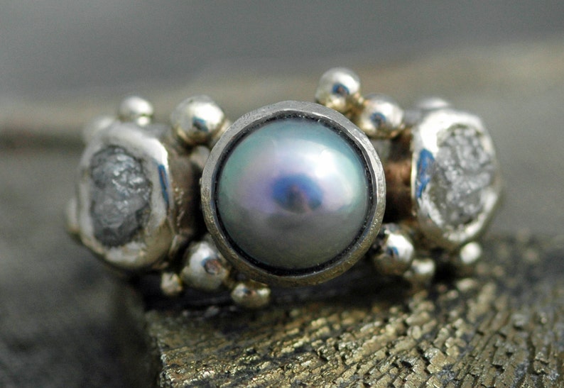 14k or 18k Recycled Gold Ring with Rough Diamonds and Saltwater Pearl Custom Made Handmade image 2