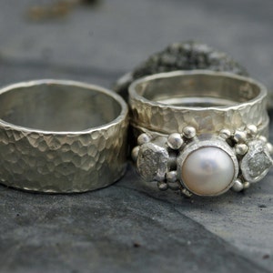 Three Rings Rough Raw Uncut Diamond and Pearl Engagement Ring and His and Hers Wedding Band Set Handmade image 1