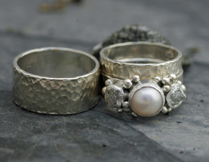 Three Rings Rough Raw Uncut Diamond and Pearl Engagement Ring and His and Hers Wedding Band Set Handmade image 1