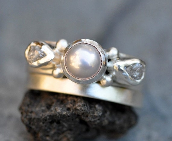 Rough Diamond and Pearl Engagement Band and Wedding Stacking  Ring Set- Custom Made Custom Colour