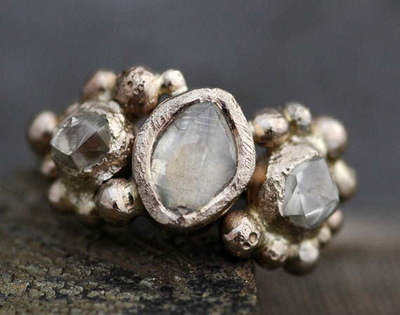 Raw Rough Diamond Trio in Recycled Gold- Custom Made to Order Uncut Diamond Engagement Ring
