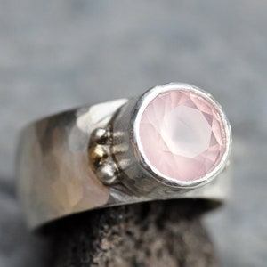 Pink Rose Quartz in Wide Band Sterling Silver Yellow Gold, Ring Ready to Ship Size 7.5 Handmade image 2