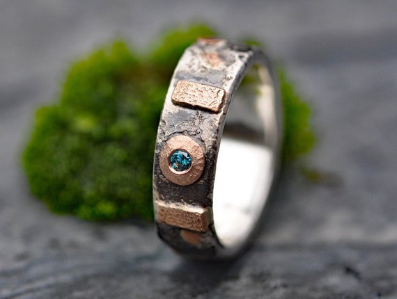 Blue Diamond in Sterling Silver and Rose Gold Band- Made to Order Handmade