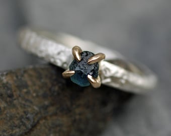 Yellow Gold and Reticulated Sterling Silver Rough Montana Sapphire Ring- Made to Order Handmade
