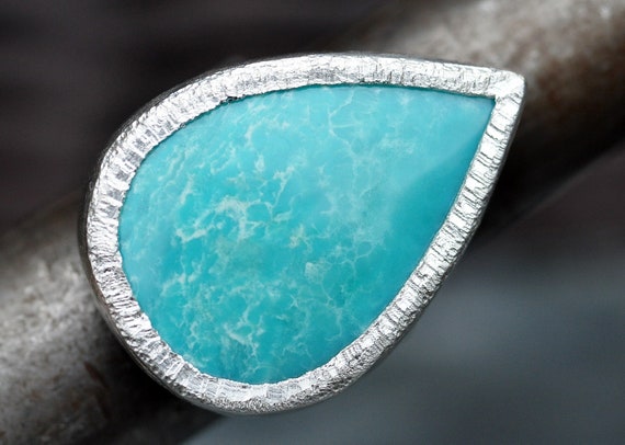 Blue White Opalized Wood Ring in Recycled Hammered Sterling Silver Band Ready to Ship Fits Size 7.5 Finger
