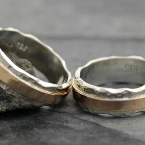 Wedding Ring Set Hammered Sterling Silver and Recycled Yellow 14k Gold Wave Bands Mixed Metal Custom Made image 2