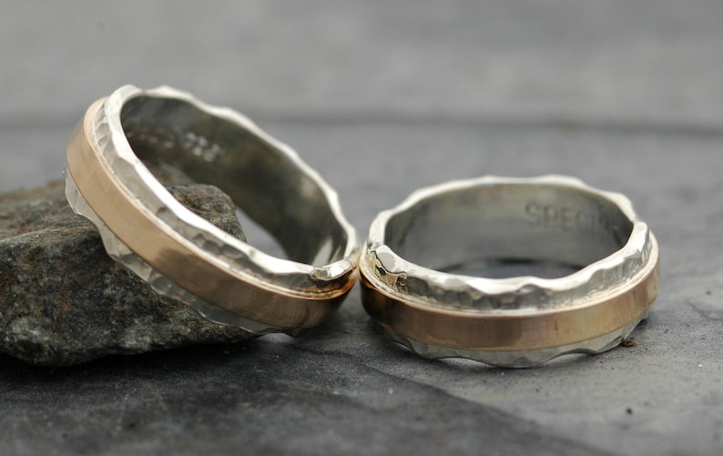 Wedding Ring Set Hammered Sterling Silver and Recycled Yellow 14k Gold Wave Bands Mixed Metal Custom Made Handmade image 2