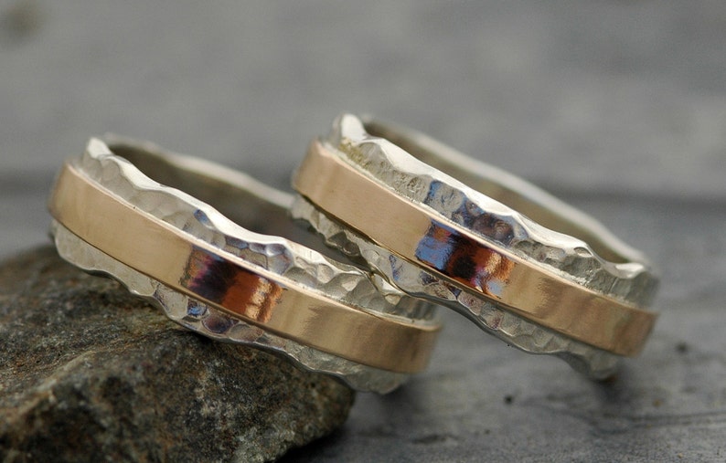 Wedding Ring Set Hammered Sterling Silver and Recycled Yellow 14k Gold Wave Bands Mixed Metal Custom Made image 4