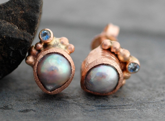 Akoya Saltwater Pearl and Aquamarine Earrings in Recycled Gold- Rose, Yellow, White Gold Custom Made to Order Post Earrings