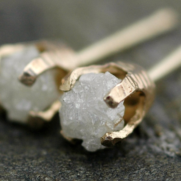 Rough Diamonds in Textured 14k Yellow Gold Post Earrings