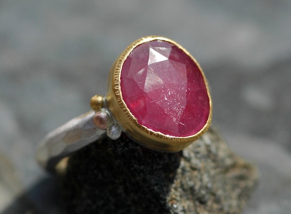 Rose Cut Sapphire in Sterling Silver, Rose Gold, and 22k Yellow Gold Mixed-Metal Ring- Choose Your Sapphire
