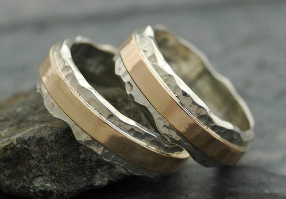 Wedding Ring Set- Hammered Sterling Silver and Recycled Yellow 14k Gold Wave Bands Mixed Metal- Custom Made Handmade