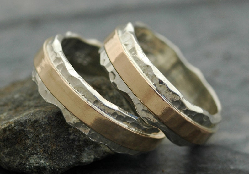 Wedding Ring Set Hammered Sterling Silver and Recycled Yellow 14k Gold Wave Bands Mixed Metal Custom Made image 1