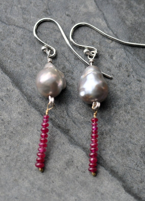 Silver Grey Baroque Pearls with Rubies Sterling Silver and Gold Earrings Ready To Ship Handmade