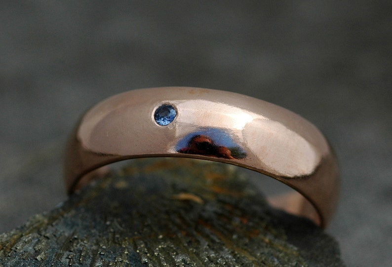 Thick 14k Gold Wedding Band With Flush Set Yogo Sapphire Custom Made Recycled Gold Wide Ring Handmade image 2