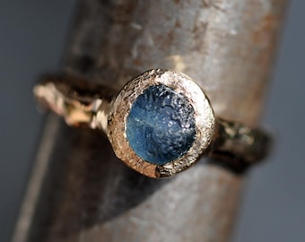 Uncut Montana Teal Blue Sapphire in Recycled 14k Gold Ring- Ready to Ship Size 8