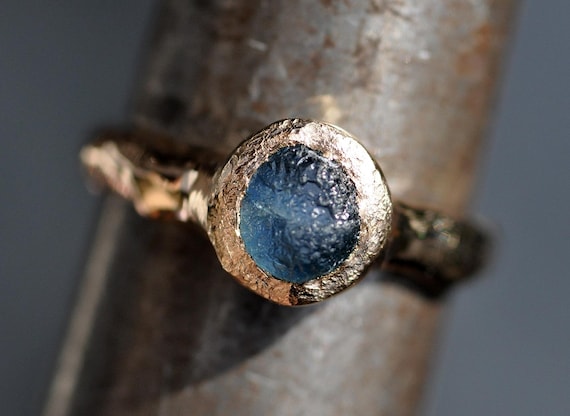 Uncut Montana Teal Blue Sapphire in Recycled 14k Gold Ring- Ready to Ship Size 8