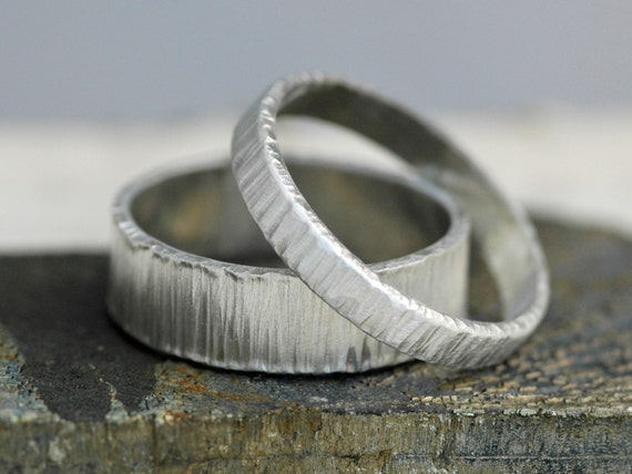 Thick Linear Textured Sterling Silver Bands- His and Hers Matching Wedding Rings Custom Made Handmade