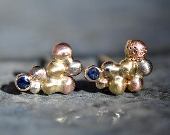 Little Blue Sapphires in Orb Cluster Rose, White, and Yellow Gold Post Earrings- Made to Order Handmade