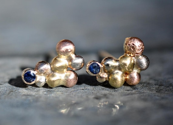 Little Blue Sapphires in Orb Cluster Rose, White, and Yellow Gold Post Earrings- Made to Order Handmade