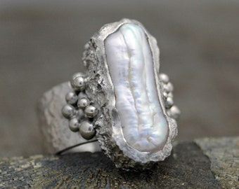 Baroque Biwa Pearl in Textured Sterling Silver Ring Tapered Wide Band Handmade