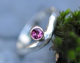 Magenta Rhodolite Garnet Rose Gold and Silver Wave Chevron Wishbone Ring Ready to Ship Handmade
