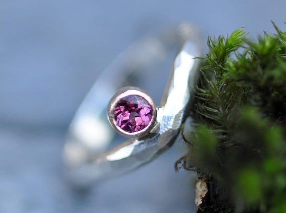 Magenta Rhodolite Garnet Rose Gold and Silver Wave Chevron Wishbone Ring Ready to Ship Handmade