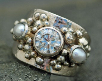 1.5 Carat Brilliant Cut Moissanite and Seed Pearls in Recycled 14k Gold- Custom Made