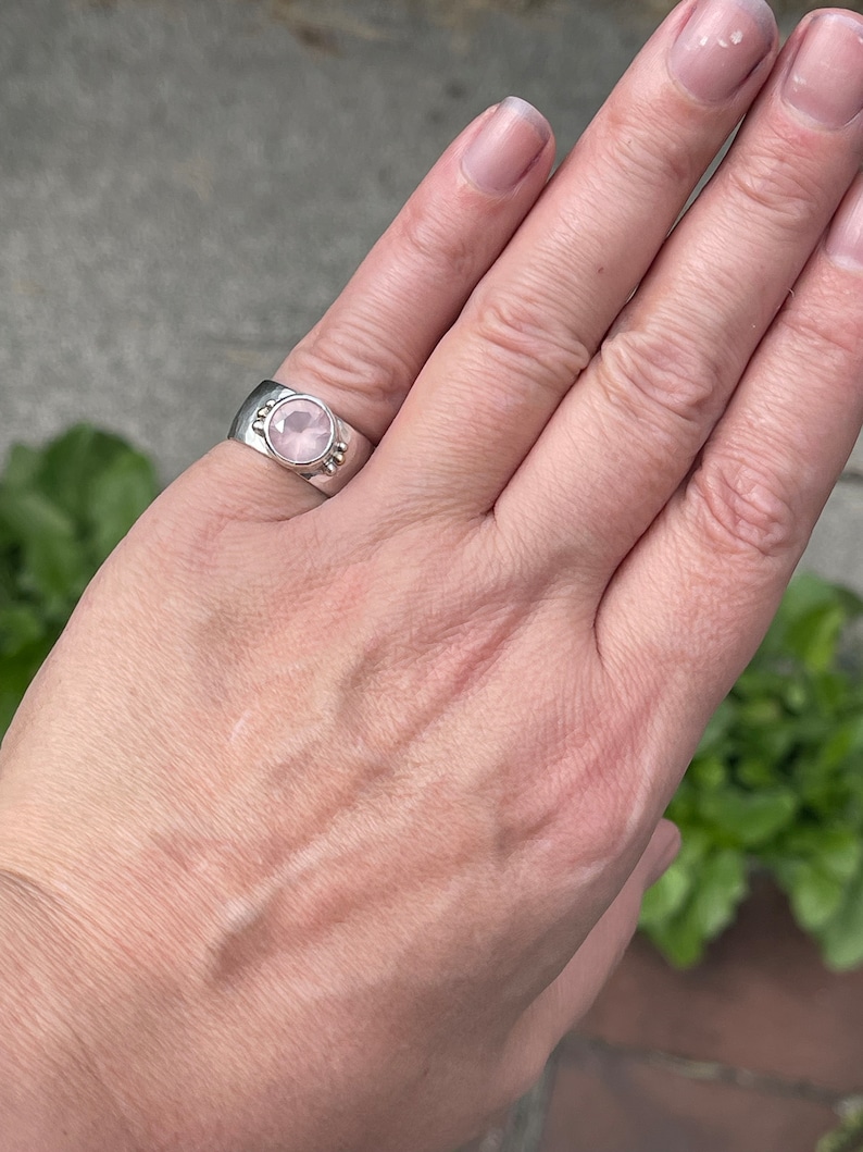 Pink Rose Quartz in Wide Band Sterling Silver Yellow Gold, Ring Ready to Ship Size 7.5 Handmade image 10