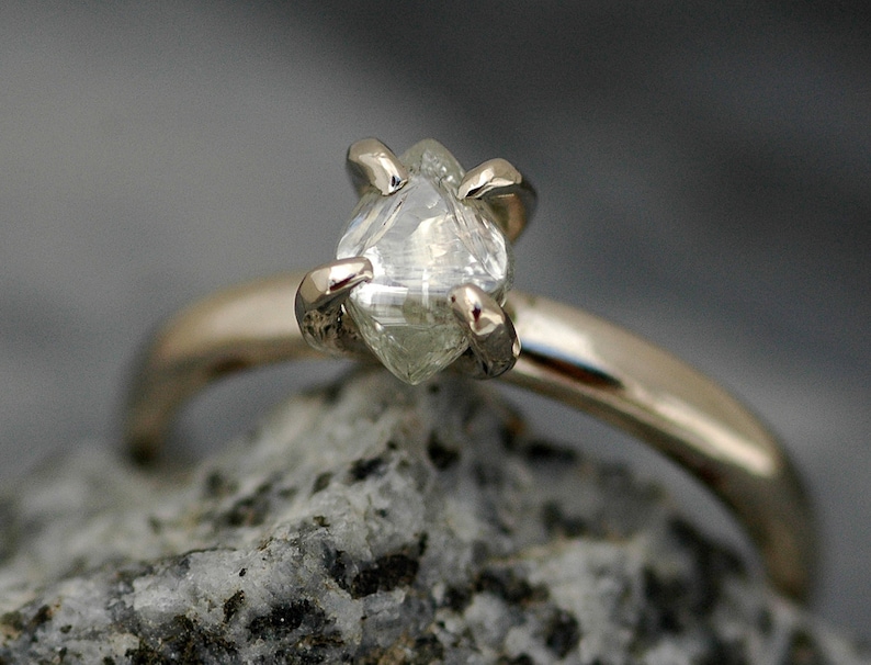 Transparent Raw Rough Diamond on Recycled Gold Band Custom Made Engagement Ring Handmade image 1