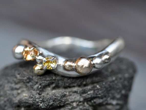 Yellow Sapphire Peach Spessartine Garnet  Recycled Sterling Silver Yellow Wave Gold Ring Size 8 Ready to Ship Handmade One of a Kind