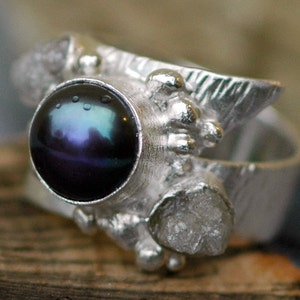 Raw Diamonds and Black Pearl in Textured Sterling Silver Ring- Wide Band Handmade