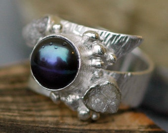 Raw Diamonds and Black Pearl in Textured Sterling Silver Ring- Wide Band Handmade